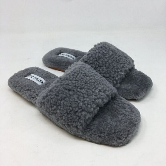 Steve Madden Women's Slipper Grey Size 6 Retreat Sandals Shearling Slip On Slide - Picture 1 of 11